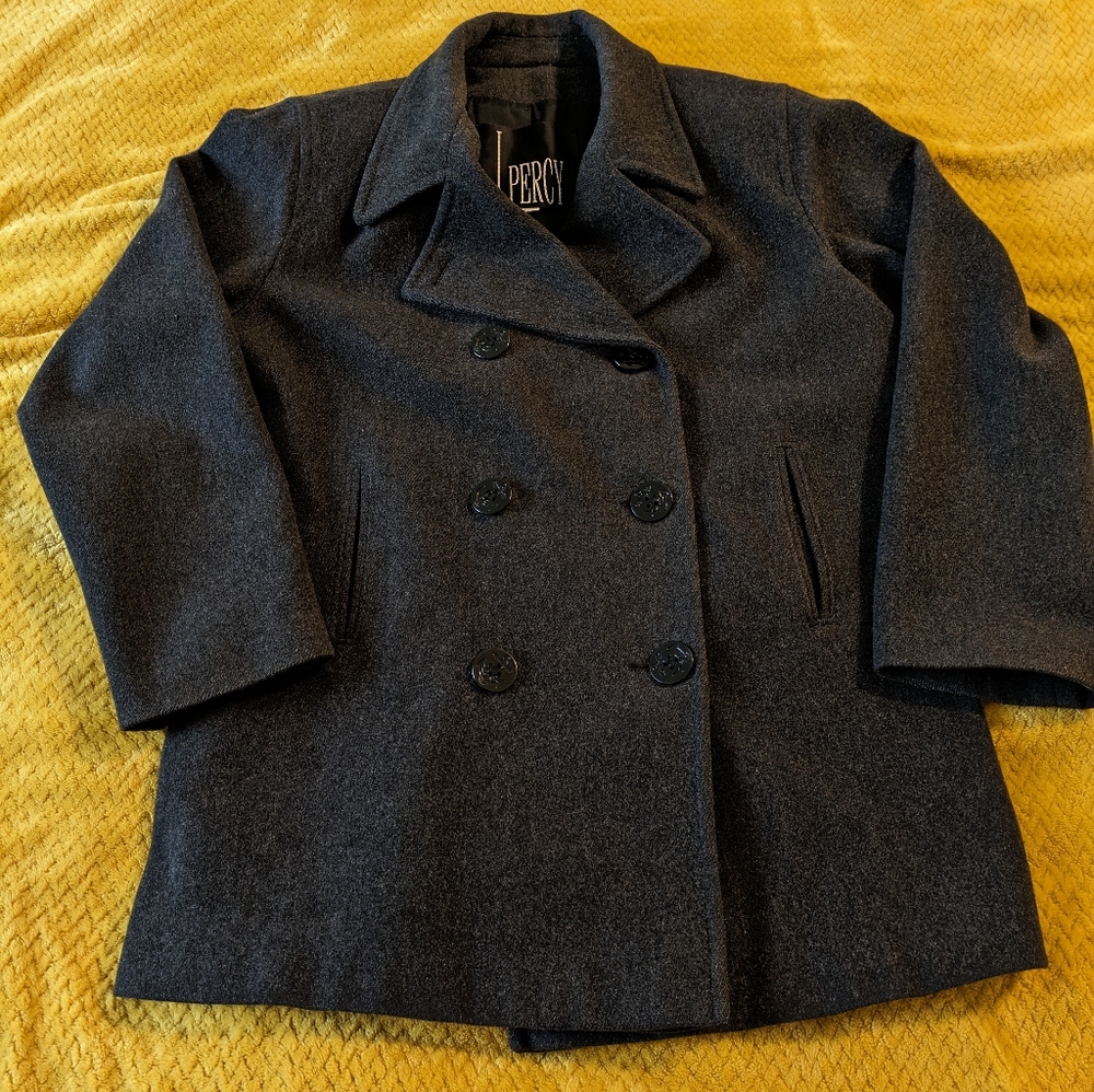 (V) Vintage J Percy Peacoat mens Sz 10 Merino Wool Jacket Pea Coat Black USA